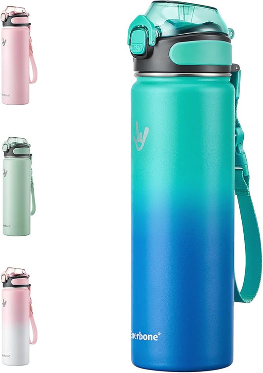 Enerbone 24 oz Insulated Water Bottle, Stainless Steel Bottle with Carrying Strap, Double-Wall Vacuum Insulation Design, Leakproof Sports Bottle with Straw, Keep Drinks Cold or Hot for Hours-PurrikoPets