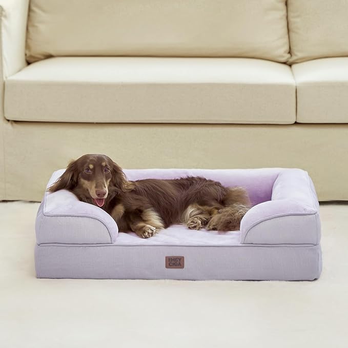 EHEYCIGA Orthopedic Dog Beds for Large Dogs, Waterproof Memory Foam Large Pet Bed with Sides, Non-Slip Bottom and Egg-Crate Foam Dog Couch Bed with Washable Removable Cover, Lilac-PurrikoPets