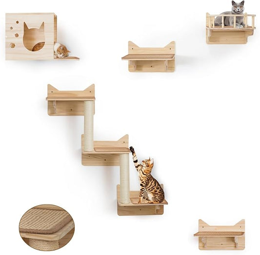 9-Piece Cat Wall Shelves and Perches for Wall, House, Lookout Tower, 2 Sisal Scratching Posts, 5-Step Wall Ladder, 7 Sisal Mat, Ideal Shelves for Wall - Sturdy Cat Wall Shelves for Large Cats-PurrikoPets