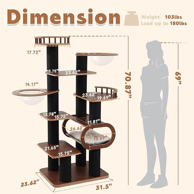 70.9'' Black Cat Tree for Indoor Cats Large Adult, Heavy Duty Cat Tower with Scratching Post, Modern Kitty Tree with Removable Mats, Semi-closed Condo and Transparent Bowl, Wooden Luxury Cat Furniture-PurrikoPets