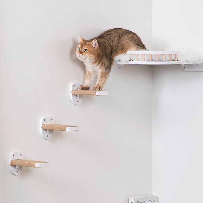 3pcs Wall Mounted Cat Steps, Climbing Furniture, Shelves With Hemp Rope Covered, Solid Wood Ladder for Playing and Climbing (Standard-White)-PurrikoPets