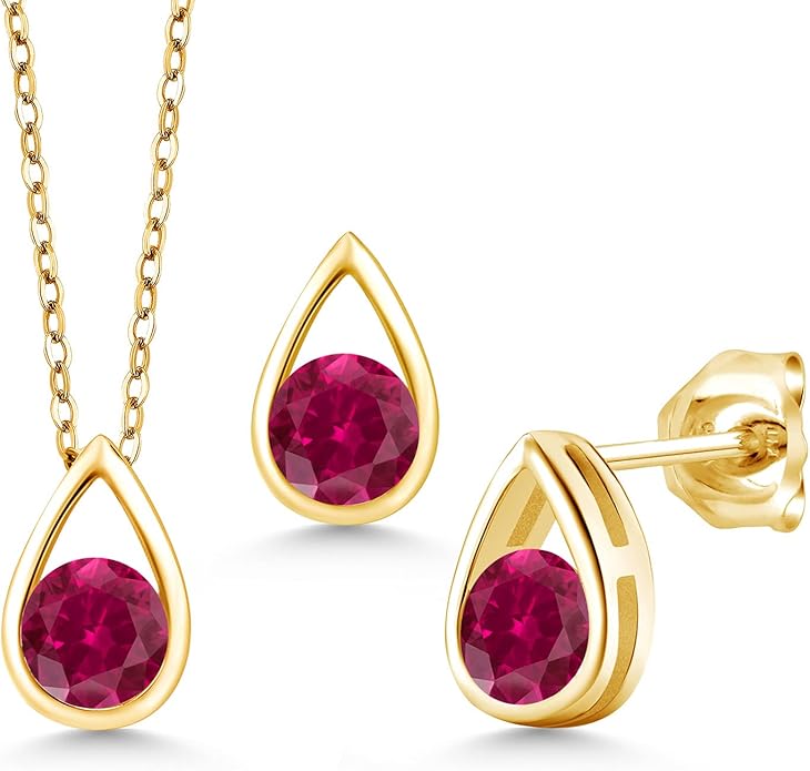 Gem Stone King 18K Yellow Gold Plated Silver 5MM Round Gemstone Birthstone Teardrop Pendant Earrings Set | Jewelry Set for Women | With 18 Inch Chain