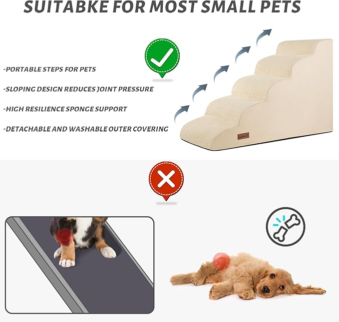 5-Step Dog Stairs and Ramp for High Bed,Non-Slip Sturdy Pet Steps for Small Dogs and Cats,22.2" H,Beige-PurrikoPets