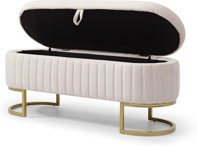 50" Sherpa Storage Ottoman Bench – Velvet Upholstered Bedroom Bench with Golden Metal Legs, Lift-Top Hidden Storage, Modern Footrest for Living Room, Entryway, Bed End (Beige)-PurrikoPets