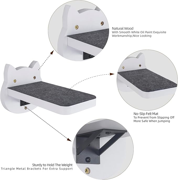 ESPETS White Painted Wooden Cat Wall Floating Steps Set of 3 - Wall Mounted Cat Floating Furniture Shelves and Perches, Sturdy Climber Stairs Ladders - Holds up 30lbs-PurrikoPets