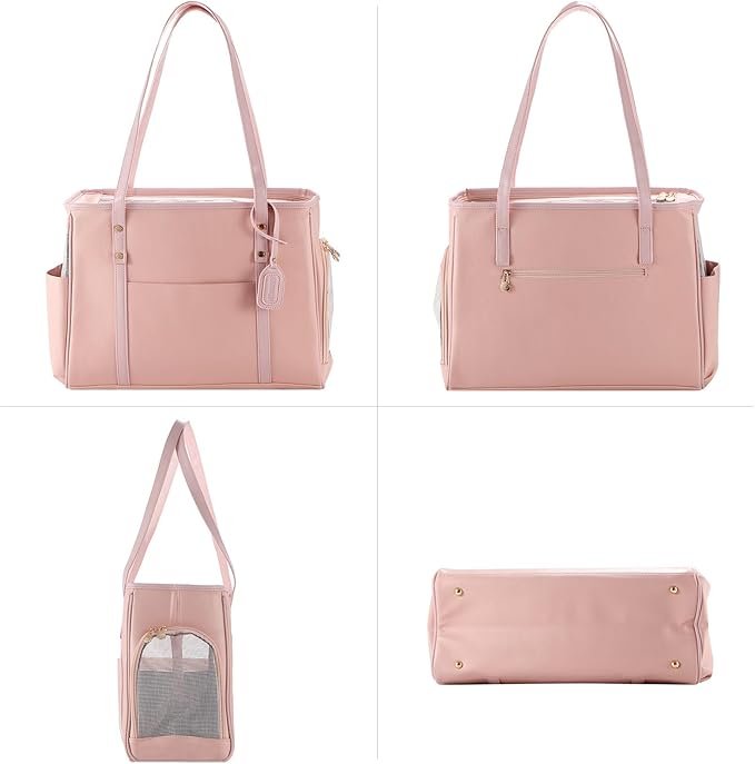 Fashion Dog Carrier Purse, Premium Leather Cat Carrier Bag, Airline Approved Soft Sided Pet Travel Tote Bag with Pockets Pink-PurrikoPets