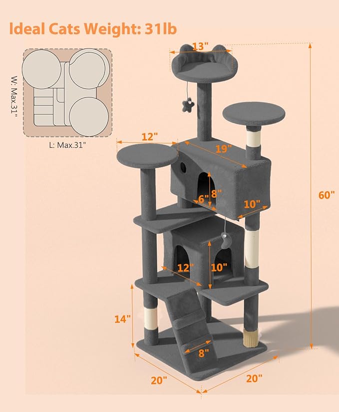 60" Cat Tree Tower for Indoor Cats Large Adult,Cute/Tall Modern Cat Tree for Big Cats 20 lbs, Plush Multi-Level Cat Condo with Scratching Posts,Dangling Ball (Smoky Gray, 60 inch)-PurrikoPets