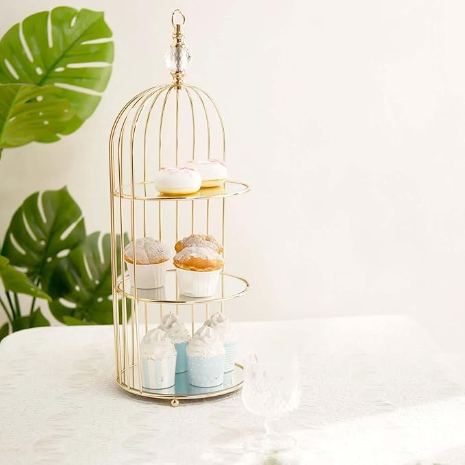 Efavormart 22" - 3 Tier Crystal Mirror Top Gold Metal Bird Cage Cupcake Cake Stand, Dessert Display for Wedding, Party, Birthday, Baby Shower Celebrations, Home Decorations-PurrikoPets