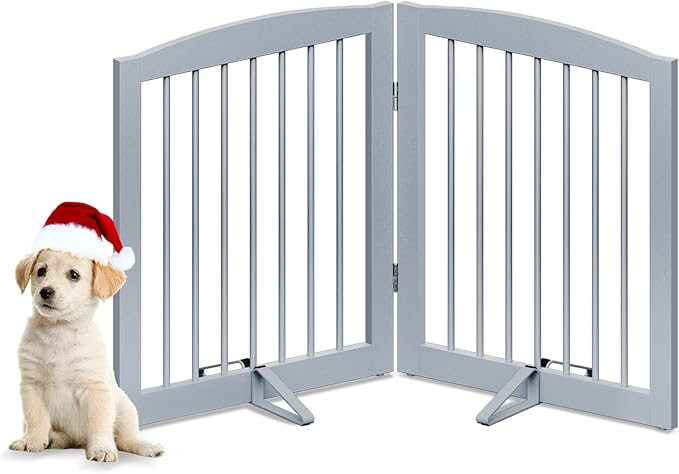 Freestanding Pet Gate for Dogs, Foldable Wooden Dog Gate for House, Indoor Pet Barrier for Stairs, Doorways, Support Feet Included, 24" Height 2 Panels, Grey-PurrikoPets
