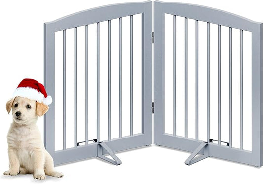 Freestanding Pet Gate for Dogs, Foldable Wooden Dog Gate for House, Indoor Pet Barrier for Stairs, Doorways, Support Feet Included, 24" Height 2 Panels, Grey-PurrikoPets
