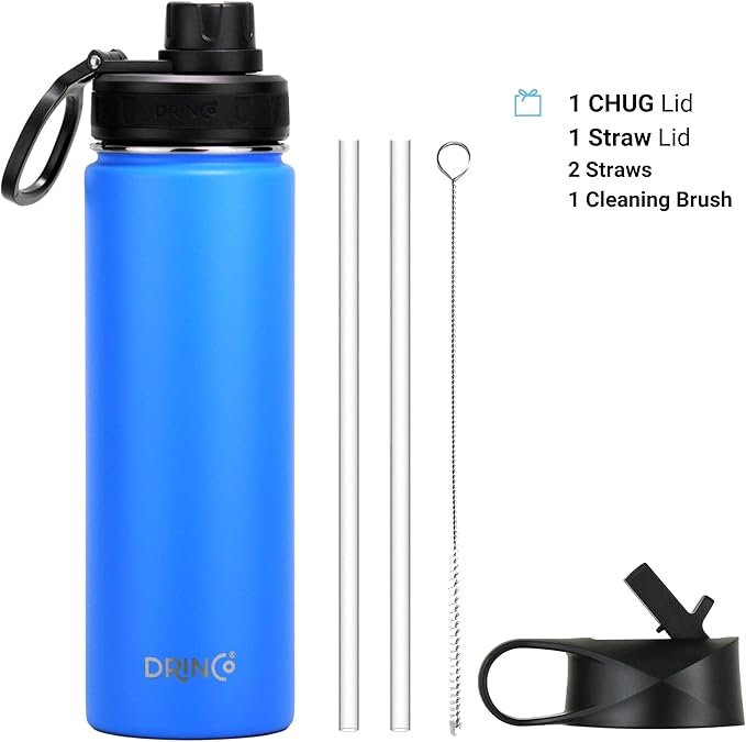 DRINCO Stainless Steel Water Bottle Spout Lid Vacuum Insulated Double Wall Water Bottle Wide Mouth (40oz 32oz 22oz 18oz 14oz) Leak Proof Keeps Cold or Hot (22 oz, 22oz Royal Blue)-PurrikoPets