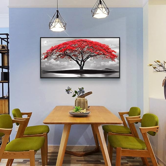 Framed Canvas Wall Art For Living Room Bathroom Wall Decor Black And White Landscape Red Tree Moon Scenery Hang Painting Home Decorations For Office Bedroom Kitchen Works Canvas Prints Pictures-PurrikoPets