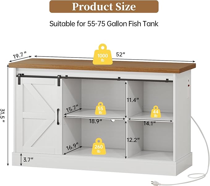 55-75 Gallon Fish Tank Stand with Sliding Barn Doors & Power Outlet, Heavy Duty Aquarium Stand with Cabinet Storage for Fish Tank, Turtle Tank, Reptile Terrarium, 1000LBS Capacity, White-PurrikoPets