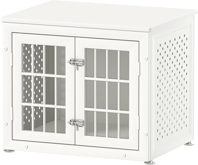 26" Heavy Duty Dog Crate Furniture for Small Dogs, Metal Kennel for High Anxiety Dogs, Chew Proof Pet Cage Indoor, Decorative Dog Kennel End Table, White-PurrikoPets