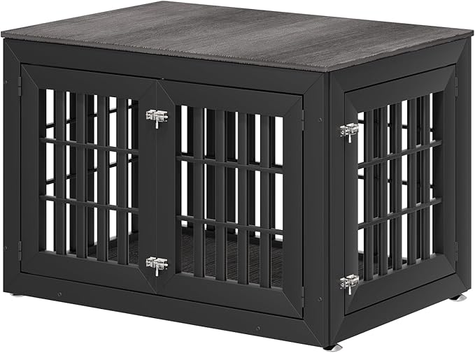 42" Heavy Duty Dog Crate Furniture for Small,Medium and Large Dogs,Rustic Wooden Dog Cage Kennel Indoor Furniture with Waterproof Top,Decorative Pet House Side End Table (Black & Grey)-PurrikoPets