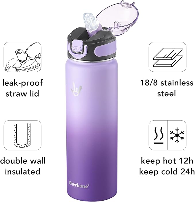 Enerbone 24 oz Insulated Water Bottle, Stainless Steel Bottle with Carrying Strap, Double-Wall Vacuum Insulation Design, Leakproof Sports Bottle with Straw, Keep Drinks Cold or Hot for Hours-PurrikoPets