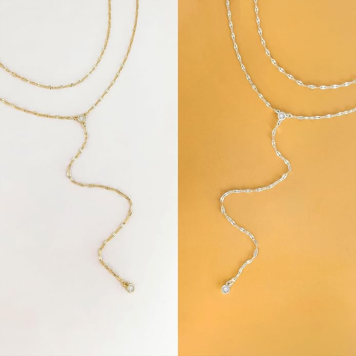 Lariat Silver/Gold Necklace for Women 925 Silver/14K Gold Plated Dainty Long Necklace Y-Shaped Drop Pendant Necklaces Choker Trendy Chain Simple Layered Necklaces CZ Jewelry for Women Set Gift