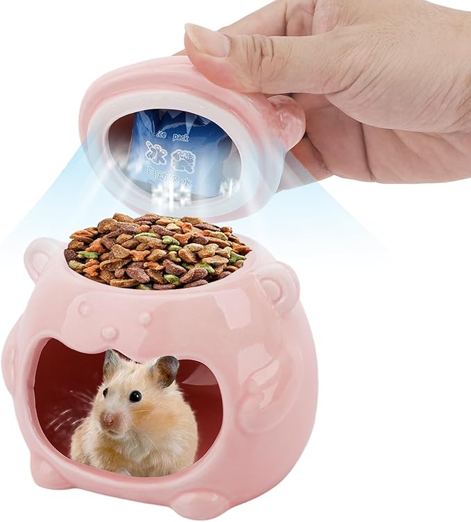 3-in-1 Bear Shaped Ceramic Hamster House - Cool House for Syrian Dwarf Hamsters, Mice, Gerbils， Small Pets, Top for Hamster Food, Removable Lid for Ice Packs, Cute Cool Hideout for Summer（Pink）-PurrikoPets