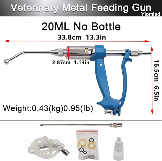 20ML Veterinary Metal Feeding Gun, Continuous Drench Gun Dosing Device Veterinary Adjustable Medicine Dispenser Husbandry Autonomous Feeding Tool, for Pig Cow, Sheep, Horse (Blue, 20ML No Bottle)-PurrikoPets