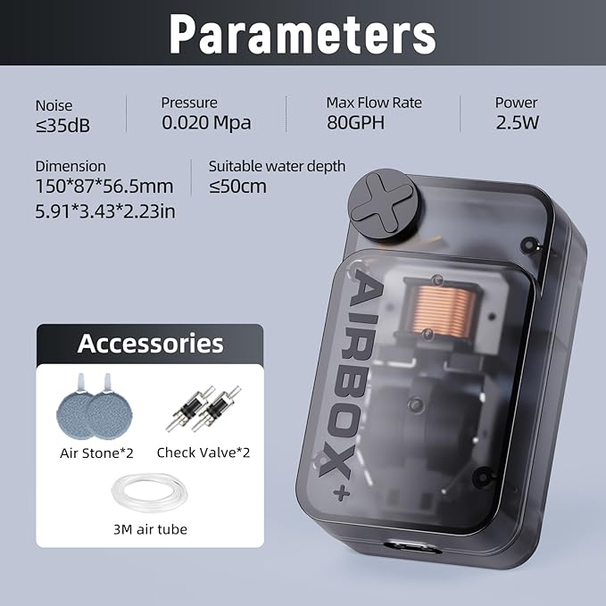 Air Pump Aquarium,Ultra-Silent/Small Size/More Output Aerator for Fish 2.5w/80GPH/18Kpa,with Air Stone Bubbler,Adjustable Airflow,Dual Outlet Suitable for 60-90 Gallon Fish Tank-PurrikoPets