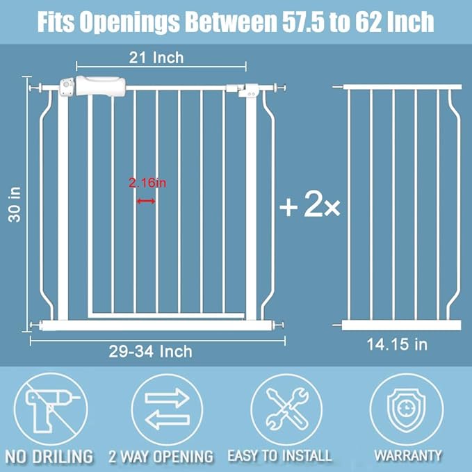 57.5-62 Inch Extra Wide Baby Gates for Stairs Doorways Pressure Mount No Drill Dog Pet Gate Automatic Close Child Safety Gate for Toddler Kids Pets-PurrikoPets