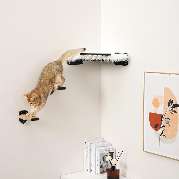 3 Pcs Cat Steps and Perches for Wall, Climbing Shelf With Hemp Rope, Wall-Mounted Furniture Set With Scratching Pads for Playing (Black)-PurrikoPets