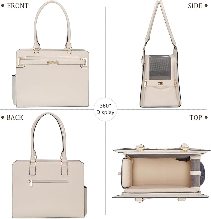 2-in-1 Stylish Dog Purse Carrier Soft-Sided Carriers Travel Tote Bag for Small Dogs Cats, Fashion Foldable Pet Bag for Puppies Small Animals with Pockets (White, 15" L x 7.5" W x 12.2" H)-PurrikoPets