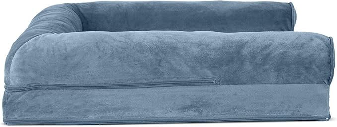 Furhaven Cooling Gel Dog Bed for Large/Medium Dogs w/ Removable Bolsters & Washable Cover, For Dogs Up to 55 lbs - Faux Fur & Velvet Sofa - Harbor Blue, Large-PurrikoPets