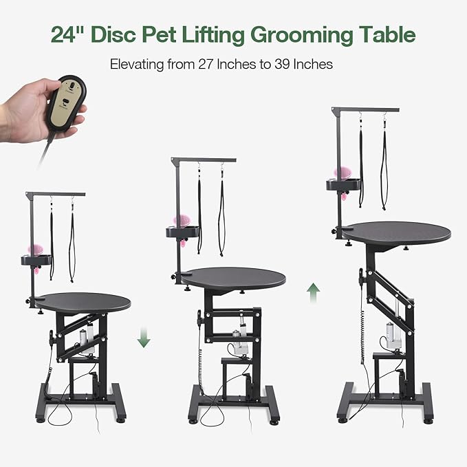 Electric Hydraulic Lift Pet Dog Grooming Table, 24Inch 360° Rotating Grooming Desktop for Small Dogs, with Overhead Arm, Wireless Remote, Tool Organizer, Black-PurrikoPets