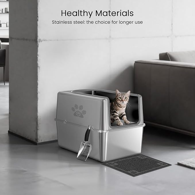 Enclosed Stainless Steel Cat Litter Box with Lid, XL Metal Litter Box for Big Cats, Extra Large Cat Toilet with High Side, Non-Stick, Anti-Leakage, Odorless, with Cats Litter Mat & Litter Scoop-PurrikoPets