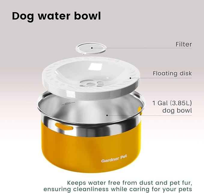 Gardner Pet Dog Bowls 1 Gallon (3.85L) Stainless Steel No Spill Dog Water Bowl, Slow Water Feeder Metal Bowls, Spill Proof Water Dispenser for Large Dogs, Promotes Healthy Hydration-PurrikoPets