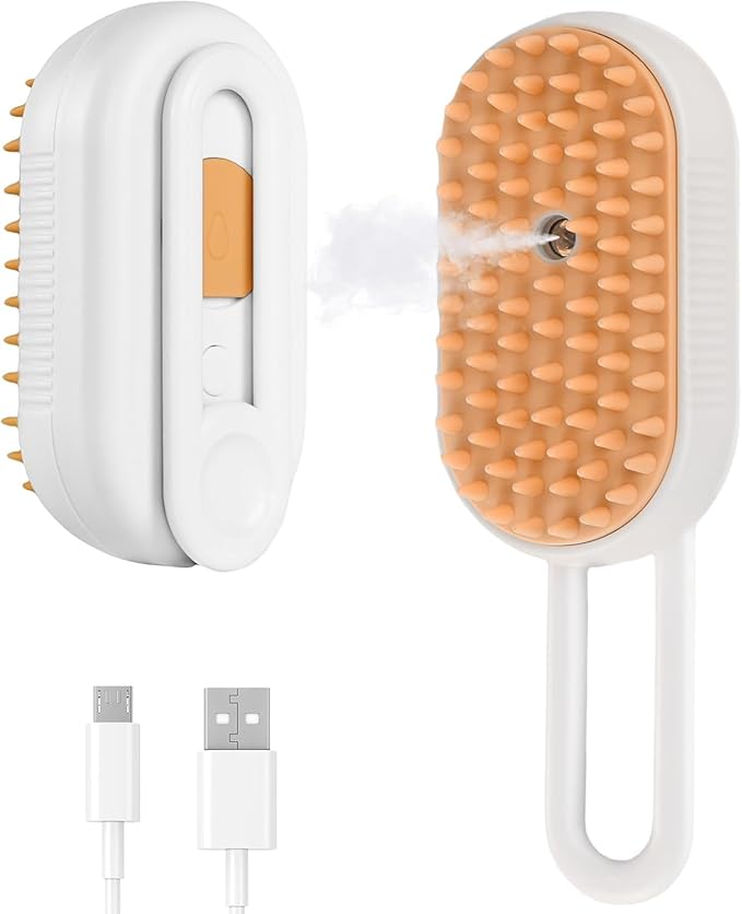 Generic Cat Steam Brush,Rechargeable with Handle,Self-Cleaning Grooming Tool,for Cats and Dogs,4 In1 Cat Steamy Brush, Multifunctional Hair Comb for Removing Tangled and Loose Hair (white)-PurrikoPets