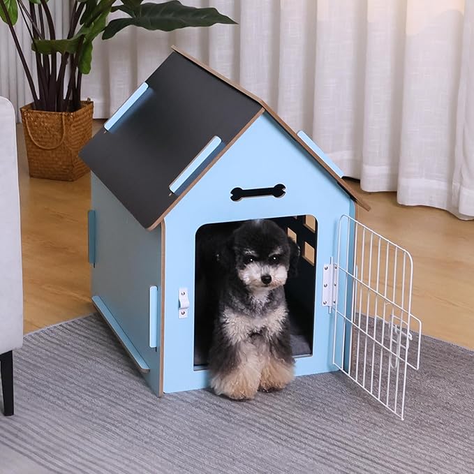 Dog House Indoor for Small Dogs or Cats, Cozy Wooden Design, Small Indoor Bed House, with Air Vents and Elevated Floor Warm Dog Cave (Large Blue)-PurrikoPets