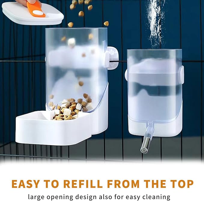 34oz Automatic Rabbit Feeder for Cages, Hanging Auto Bunny Food Bowl Dispenser Small Aniaml Cage Accessories for Ferret Guinea Pig Rat Rabbit Cat Puppy (White)-PurrikoPets