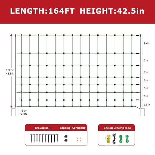 Electric Fence Netting, 164'L x 42.5" H Electric Fence Kit for Livestock, Goat, 14 Posts Double Spiked Portable Electric Poultry Farm Fence-PurrikoPets