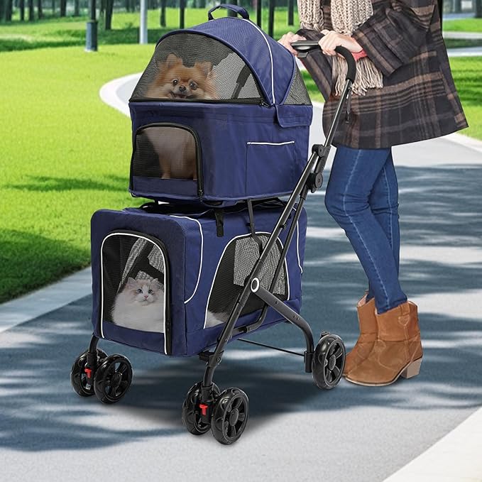 Double Pet Stroller,3.07lbs Dog Cat Carrying Cart,Lightweight Foldable Pet Stroller with 4 Wheels,Blue Portable Compact Pet Travel Cart for Small Dogs and Cats (Blue)-PurrikoPets