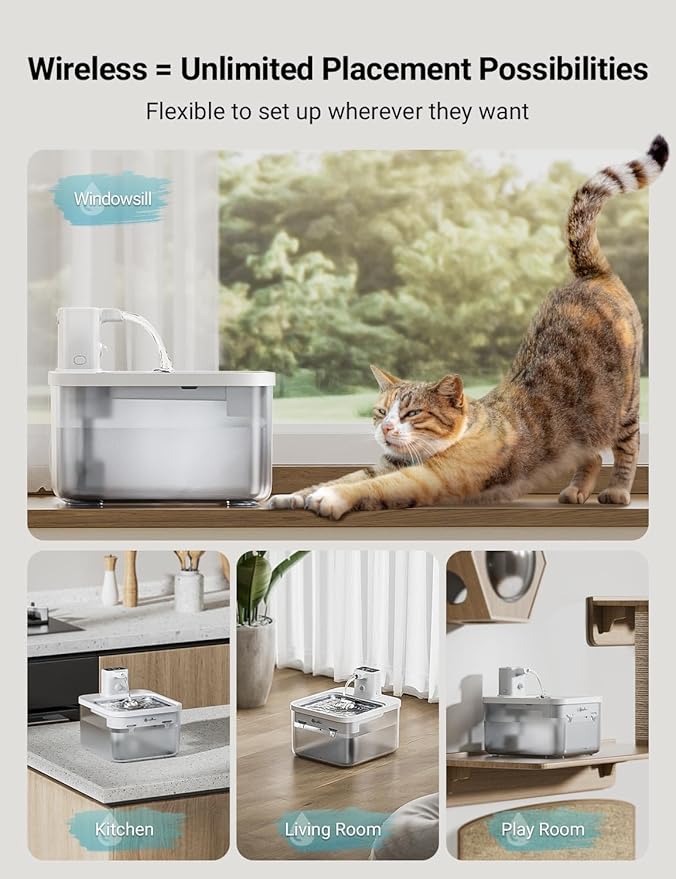 DownyPaws Battery Operated Cat Water Fountain Stainless Steel, 84oz/2.5L Fursink Wireless Pet Water Fountain for Cats Inside, Automatic Dog Water Dispenser with Faucet, Quiet Pump, BPA-Free, White-PurrikoPets