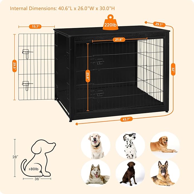 DWANTON Dog Crate Furniture with Cushion, Wooden Kennel Table with Double Doors, Indoor Dog House, Extra Large Size, 43.3" L, Black-PurrikoPets