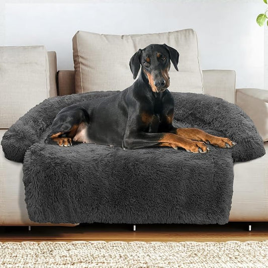 GGIB Calming Dog Bed Fluffy Plush Dog Mat for Furniture Protector with Removable Washable Cover for Large Medium Small Dogs and Cats (Extra Extra Large, Dark Grey)-PurrikoPets