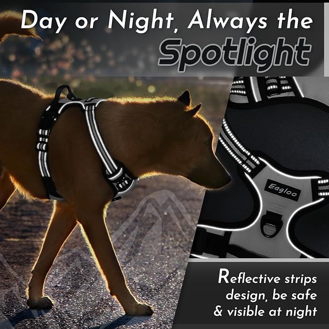 Eagloo Dog Harness Medium Sized Dog, No Pull Service Vest with Reflective Strips and Control Handle, Adjustable and Comfortable for Easy Walking, No Choke Pet Harness with 2 Metal Rings, Grey, M-PurrikoPets