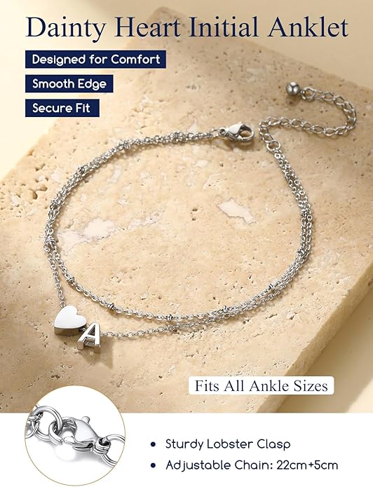 Suplight Stainless Steel Initial Ankle Bracelets for Women Layered Dainty Heart Anklet Beaded Anklets for Women Waterproof Plus Size Ankle Foot Chain Summer Essentials Jewelry(with Gift Box)