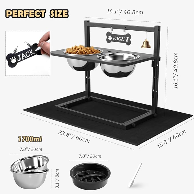 Elevated Dog Bowls with Slow Feeder and Spill Proof Mat, Adjustable Height 4.3-11.8'', Two 1.7L Stainless Steel Food & Water Bowls, Metal Raised Dog Bowl Stand, for Large Medium Breeds-PurrikoPets