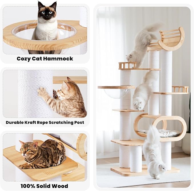 74.8" Modern Cat Tree for Indoor Cats, Tall Wood Cat Tower with Scratching Post, Heavy Duty Luxury Condo with Removable Mats, Multi-Level Cat Furniture for Cats-PurrikoPets