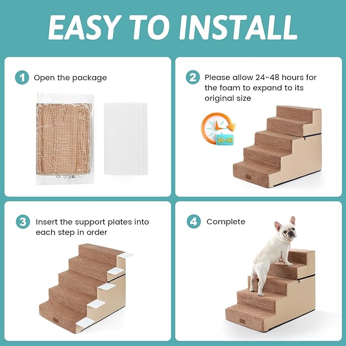 Dog Stairs for Small Dogs, 5 Tier Removable Wider Pet Stairs for Couch and Bed, 23.6" H Non-Slip Dog Steps for Puppies and Old Cats with Support Board, 29.5x19.7x23.6 inch, Light Brown-PurrikoPets
