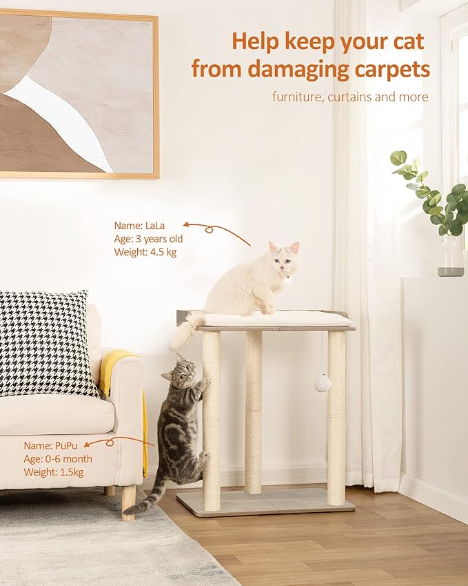 FourFurPets 26.7in Large Cat Tree Tower Condo, Cat Scratch Posts for Indoor Cats, Big Plate, Three 23.6in Full Sisal Scratching Posts, Greige-PurrikoPets