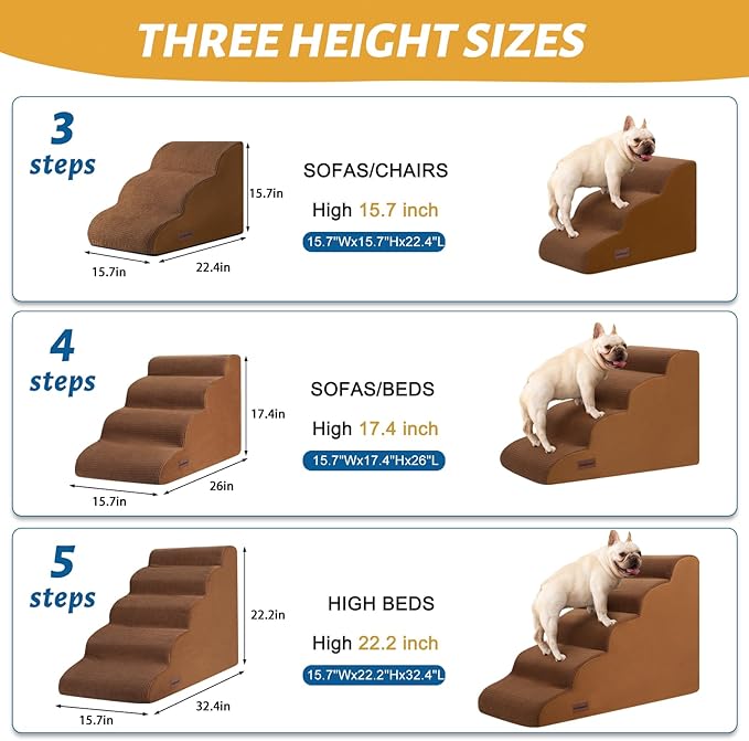 5-Step Dog Stairs and Ramp for High Bed,Non-Slip Sturdy Pet Steps for Small Dogs and Cats,22.2" H,Brown-PurrikoPets
