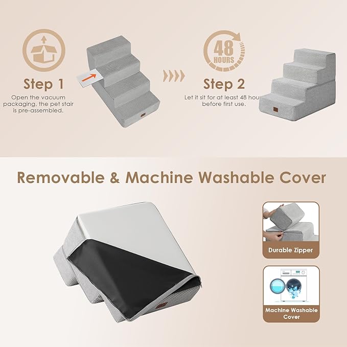 EHEYCIGA Dog Stairs for Bed 18" H, 4-Step Dog Steps for High Bed, Pet Steps for Small Dogs and Cats, Non-Slip Balanced Pet Ramp Indoor, Light Grey-PurrikoPets