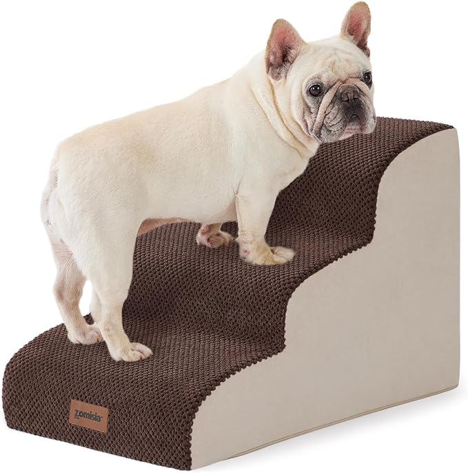 Dog Stairs for Small Dogs - Pet Stairs for Couch and Bed, 35D Foam Dog Steps Ramp with Non-Slip Bottom Brown, 3 Steps-PurrikoPets