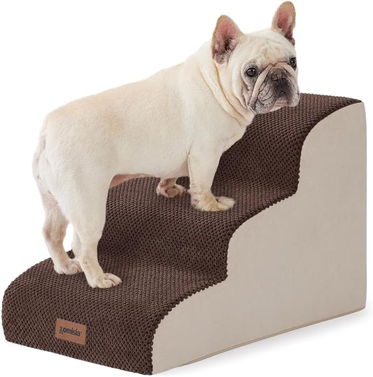 Dog Stairs for Small Dogs - Pet Stairs for Couch and Bed, 35D Foam Dog Steps Ramp with Non-Slip Bottom Brown, 3 Steps-PurrikoPets