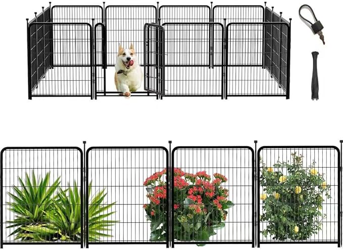 56 in(H) Decorative Garden Fence Panels, Wide Door Low Threshold, Dog Fence Outdoor for Yard. 10 Panels Total 22.1 Ft(L)，No Dig Fencing for Dogs, Black-PurrikoPets